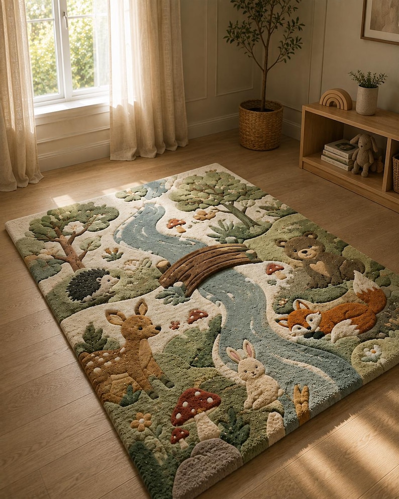May include: A rectangular area rug featuring a textured forest scene with a winding blue river, a wooden bridge, and various animals including a deer, fox, bear, rabbit, and hedgehog, surrounded by green trees, foliage, and red mushrooms.