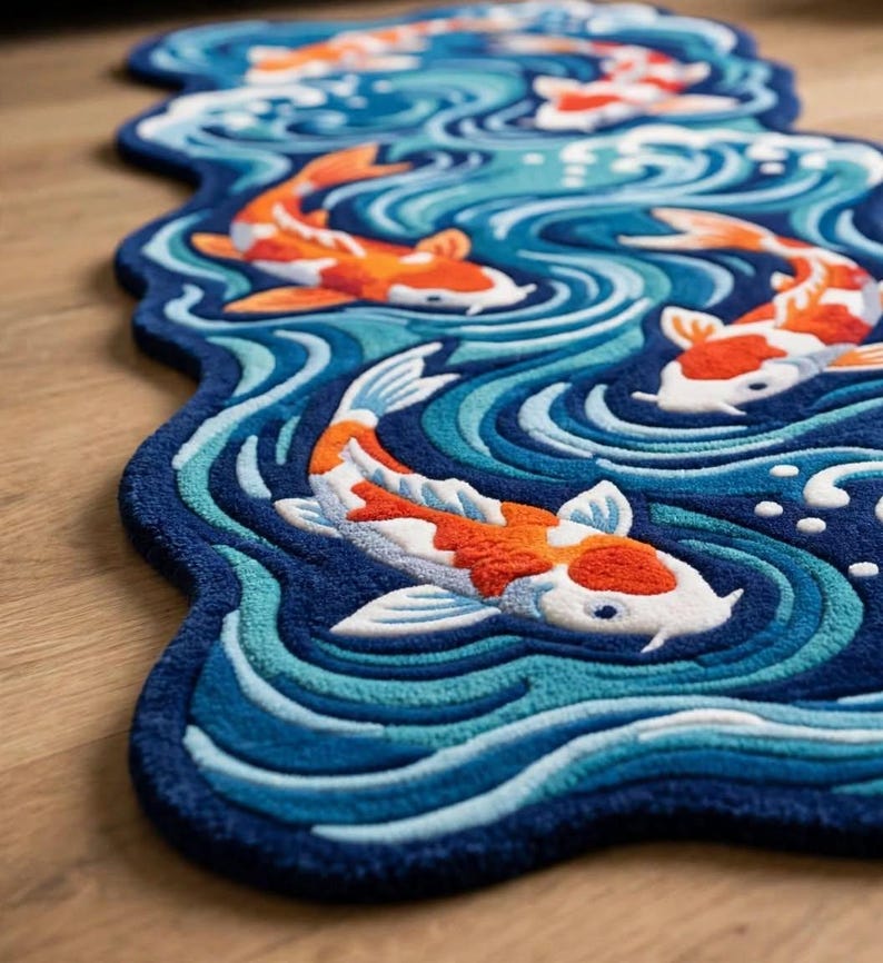 Koi Fish Runner Rug, Hand Tufted Wool Rug, Blue Wave Japanese Inspired ...