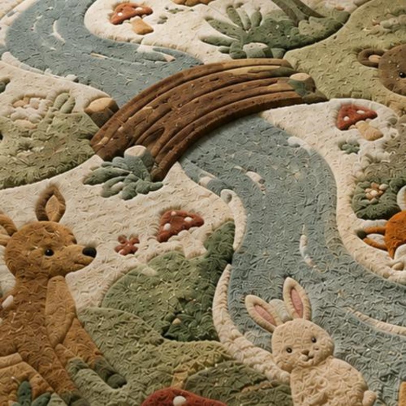 May include: A textured fabric wall hanging or rug featuring a woodland scene with a winding blue river, a brown wooden bridge, green hills, and various mushrooms. A brown deer and a cream-coloured rabbit are depicted in the foreground landscape.