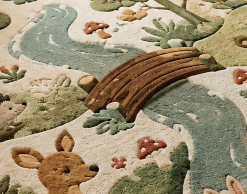 May include: A textured fabric quilt featuring a raised, three-dimensional forest scene. The design includes a winding blue river, a brown wooden bridge, a brown deer, a small hedgehog, and red-capped mushrooms on a cream-coloured background.
