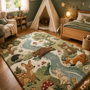 Close view of 3D tufted forest rug showing bear, fox, deer, bunny, mushrooms and trees.