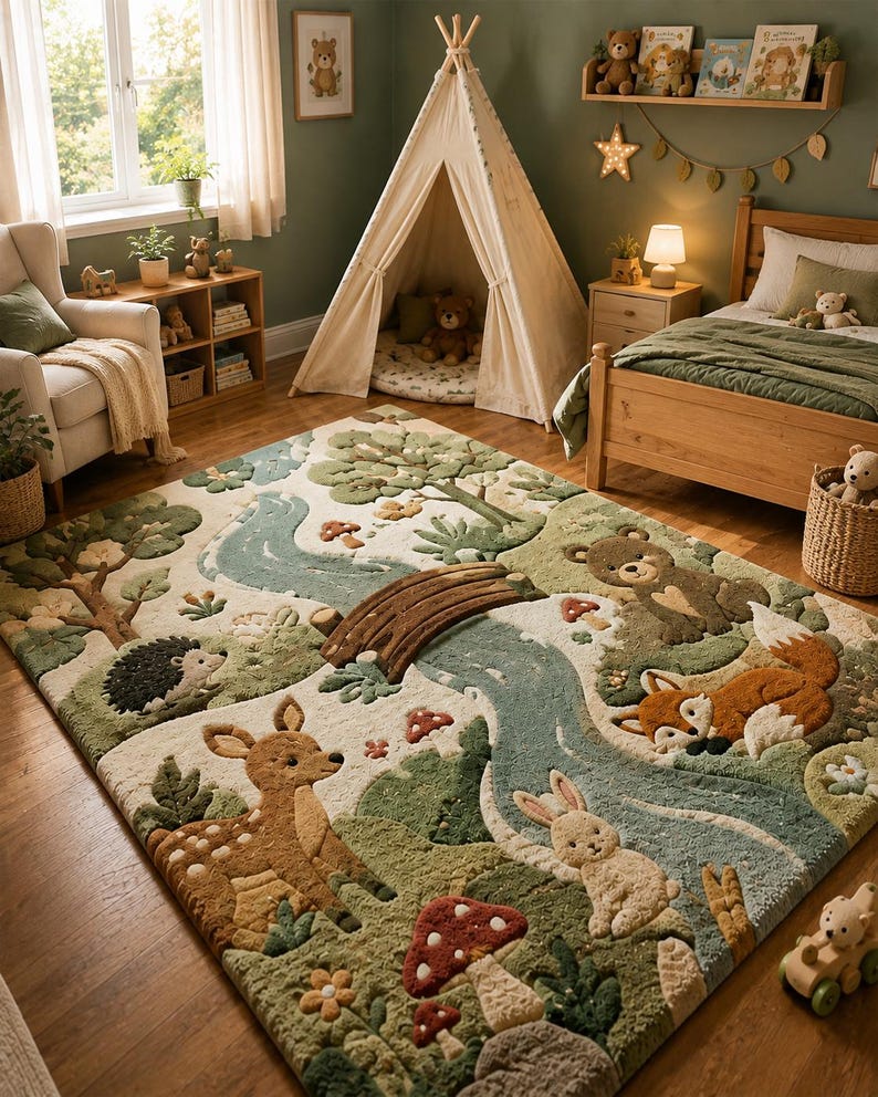 Close view of 3D tufted forest rug showing bear, fox, deer, bunny, mushrooms and trees.