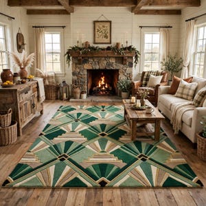 May include: A rectangular area rug featuring a geometric pattern in shades of deep green, light green, beige, and black. The design consists of repeating fan-like motifs and stepped pyramid shapes arranged in a symmetrical, interconnected grid layout.