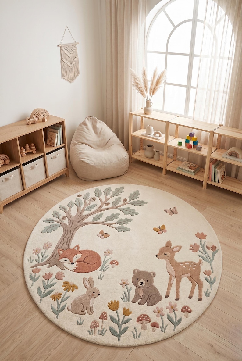 Woodland Animals, Hand Tufted Round Wool Rug, Baby Deer, Nursery Room ...
