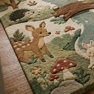 May include: A tufted area rug featuring a forest scene with a brown deer, a white rabbit, and a dark hedgehog. The design includes a wooden bridge over a blue stream, green grassy hills, red and white mushrooms, and small orange flowers.