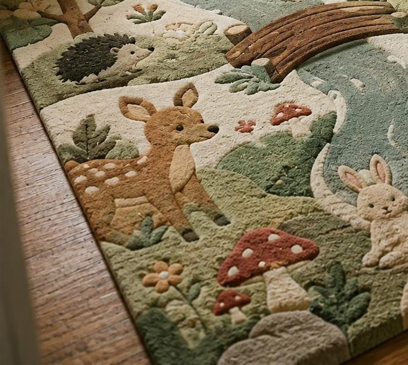 May include: A tufted area rug featuring a forest scene with a brown deer, a white rabbit, and a dark hedgehog. The design includes a wooden bridge over a blue stream, green grassy hills, red and white mushrooms, and small orange flowers.