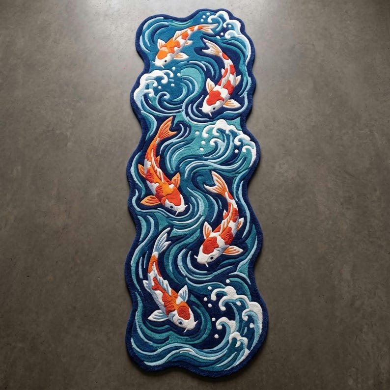 Koi Fish Runner Rug, Hand Tufted Wool Rug, Blue Wave Japanese Inspired ...