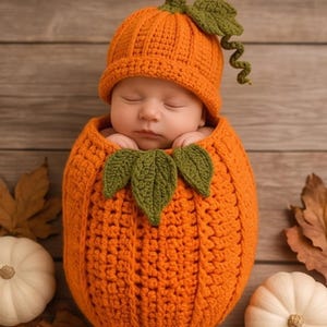 May include: A crochet pumpkin-shaped baby cocoon and matching hat. The cocoon is bright orange with a textured ribbed pattern and features three green crocheted leaves at the top. The hat is orange with a green stem and a curly green vine detail.