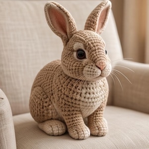 May include: A tan crochet rabbit figurine featuring a textured yarn surface, large dark brown eyes, long upright ears with pink inner detailing, and thin white whiskers. The rabbit is depicted in a seated position with visible paw details.