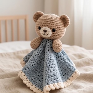 May include: A crochet security blanket featuring a tan bear head with dark eyes and a stitched nose. The attached blanket is light blue with a textured, repeating stitch pattern and is finished with a scalloped cream-coloured border edge.