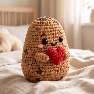 Puede incluir: Un peluche de ganchillo de color tostado y forma ovalada que parece una galleta con manchas marrones oscuras. Tiene dos ojos de plástico negro, una boca sonriente bordada y mejillas rosadas. El peluche sostiene un pequeño corazón rojo.