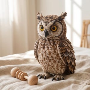 Può includere: Una statuetta di gufo all'uncinetto in filato marrone, beige e crema con grandi occhi gialli e un becco nero. Il gufo presenta dettagliati motivi di piume e artigli scuri. Accanto al gufo si trova un sonaglio in legno chiaro con quattro perle.