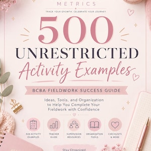 Może przedstawiać: Cyfrowy przewodnik zatytułowany Moonlit Metrics 500 Unrestricted Activity Examples BCBA Fieldwork Success Guide. Dokument w odcieniach różu zawiera tekst, ikony trackerów i list kontrolnych oraz motywujące hasła, takie jak Progress Over Perfection.