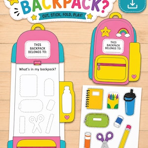 Puede incluir: Un set de actividades imprimible titulado "What's in my backpack?" que incluye una plantilla de mochila rosa y turquesa con formas para recortar, una etiqueta de personalización y una hoja de útiles escolares ilustrados como un cuaderno, crayones, botella de agua, estuche, borrador, pegamento, tijeras y un lápiz.