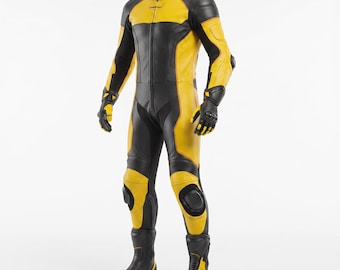 Full-Grain Leather Motorcycle Track Suit: Yellow Black Minimalist Moto Gear