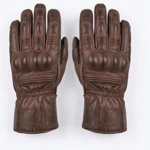 Vintage Brown Genuine Leather Motorbike Gloves Padded Palm Touchscreen Tech Elastic Wrists, Adjustable Hook & Loop Cuff.