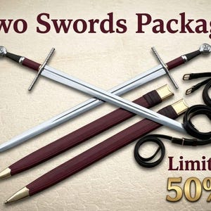 May include: Two swords with silver-toned blades, dark red grips, and cross-guards, accompanied by two matching dark red scabbards with gold-toned tips and two black leather straps. The text Two Swords Package and Limited Time 50% Off is visible.