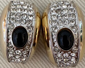 DECO Diamante SPHINX Signed Onyx Cabochon Clip On Statement Earrings