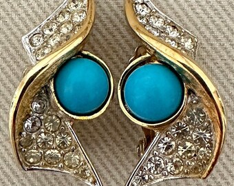 Deco Faux Turquoise Signed Vintage Clip On Statement Earrings