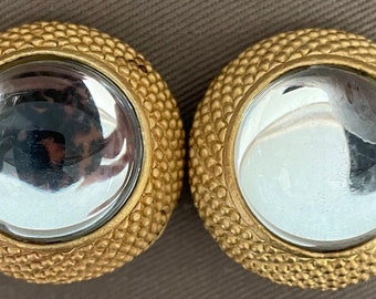 Vintage Etruscan Mirrored Clear Cabochon Matte Gold Clip On Statement Earrings