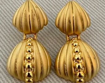 Petite Scalloped Matte Gold Shell Clip On Statement Dangle Earrings