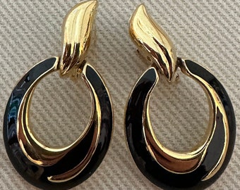 Art Nouveau TRIFARI Clip On Statement Earrings Black Enamel Gold Tone