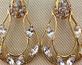 DECO TRIFARI Signed Diamante Crystal Doorknocker Statement Earrings for Pierced Ears