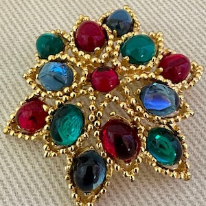Colorful MOGHUL Cabochon Vintage Ruby Emerald Sapphire Glass Brooch Pin
