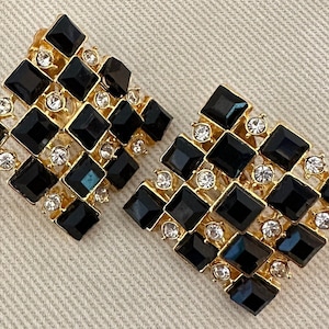 Huge Checkerboard Onyx Crystal Clip On Statement Earrings
