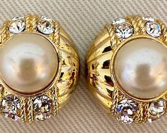 Oversized DECO PEARL Cabochon Crystal Clip On Statement Earrings Bold Vintage Jewelry