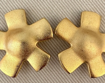 Singed Modernist Matte Gold Abstract Clip On Statement Earrings