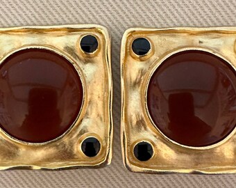 Massive Etruscan Byzantine Carnelian Lucite Clip On Statement Earrings