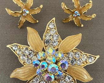 Vintage Flower Enamel Brooch and Earring Set AB Rhinestone Accents