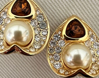 Vintage Nolan Miller Baroque Pearl Clip On Earrings: Deco Statement Jewelry