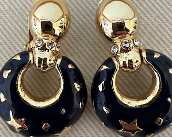 Celestial Navy Enamel Vintage Doorknocker Clip On Statement Earrings