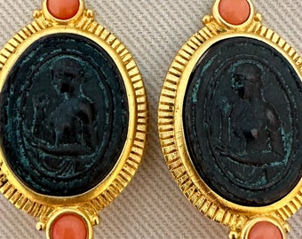 Oversized Signed LESLIE BLOCK Byzantine Coin Clip On Statement Earrings