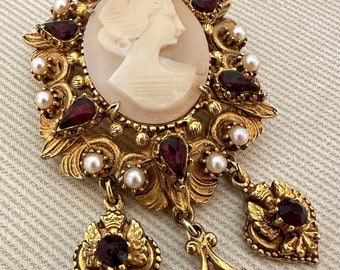 Ornate FLORENZA Victorian Cameo Brooch Ruby Crystals Pearl Accents