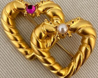 BAROQUE Double Heart Pearl Cabochon Vintage Statement Brooch