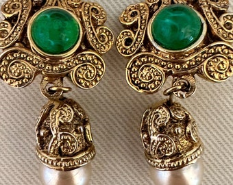 Gorgeous FRENCH Baroque Emerald Cabochon Clip On Statement Earrings