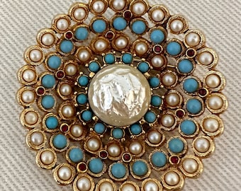 CAPRI Vintage Baroque Pearl Brooch: Turquoise & Ruby Ornate Pin