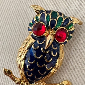 Vintage Figural Enamel Owl Brooch with Ruby Red Cabochon Eyes
