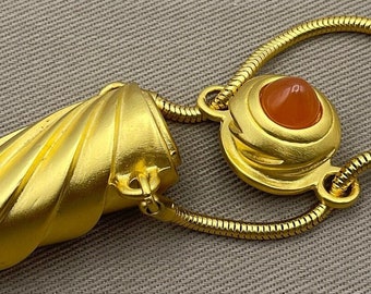 70s Vessel Pendant Carnelian Bullet Cabochons Vintage Long Snake Chain Necklace