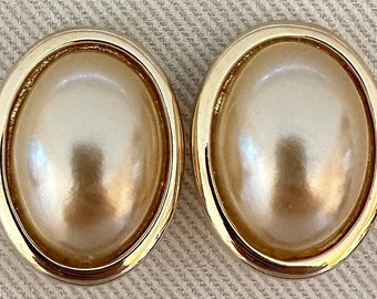 Vintage KJL Faux Pearl Clip On Earrings, Gold Tone