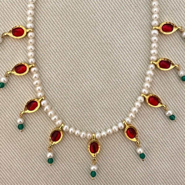 Metropolitan Museum Art MMA Signed Pearl Ruby Red Cabochon Jewels of India Petite Necklace