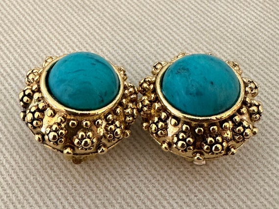 Chic Etruscan Faux Turquoise Cabochon Studded Gol… - image 5