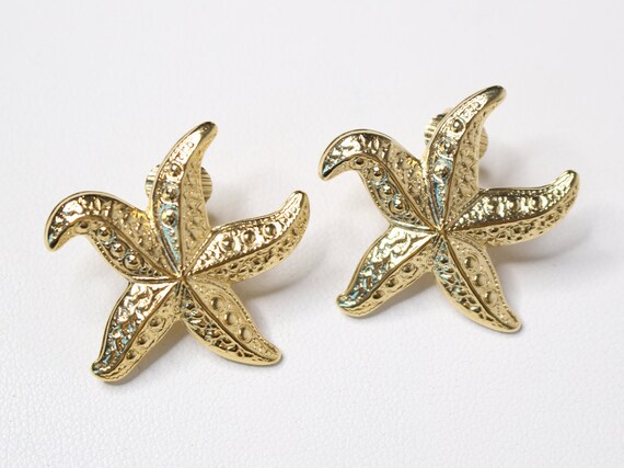 Gold Starfish Statement Earrings - Unsigned Vinta… - image 2
