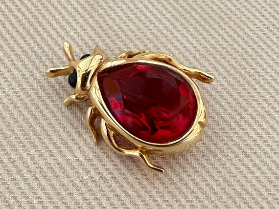Tiny Signed Figural Insect Vintage Pin Ruby Red C… - image 2