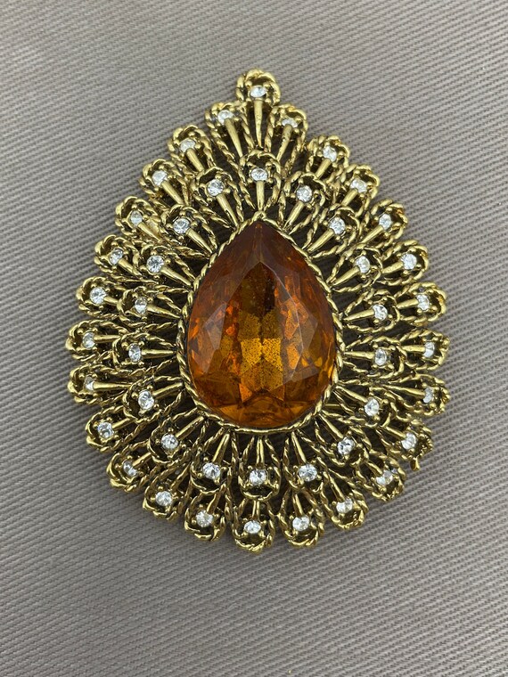 Ornate Art Nouveau Amber Stone Vintage Brooch - image 6