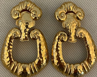 Signed Hammered Gold Etruscan Clip On Statement Earrings