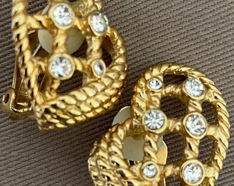 Vintage Braided Rope Gold Tone Clip On Statement Earrings with Crystal Accent